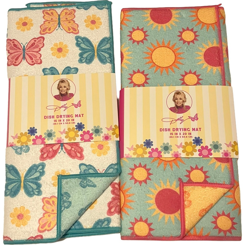 Dolly Parton Dish Drying Mat 2 Pack Butterfly Sun Floral 15x20 Kitchen Decor